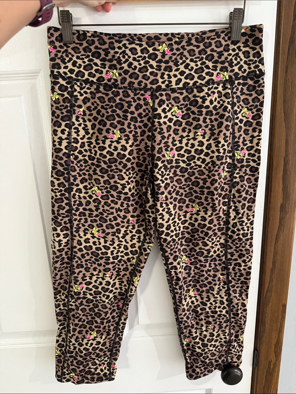 Betsey Johnson Leopard Print Capri Leggings with Pink Rose Accents